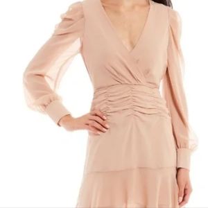 Gianni Bini Georgette Ruched Long Sleeve Faux Wrap Pink Dress Size S NWT